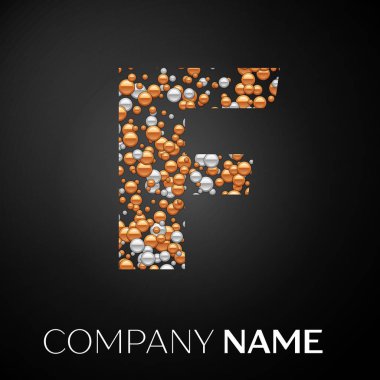 F harfi logosu altın-gümüş noktalar. Alfabe logo soyut altın-gümüş kabarcıklar şeklinde siyah arka plan üzerine. Tasarımınız için vektör şablonu