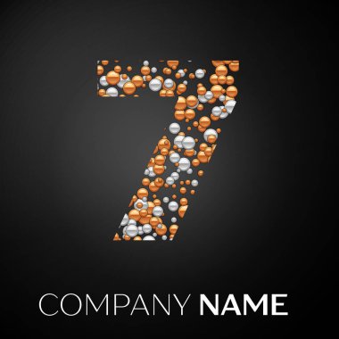 Numara yedi logosu altın-gümüş noktalar. Alfabe logo soyut altın-gümüş kabarcıklar şeklinde siyah arka plan üzerine. Tasarımınız için vektör şablonu