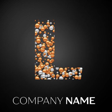L harfi logosu altın-gümüş noktalar. Alfabe logo soyut altın-gümüş kabarcıklar şeklinde siyah arka plan üzerine. Tasarımınız için vektör şablonu