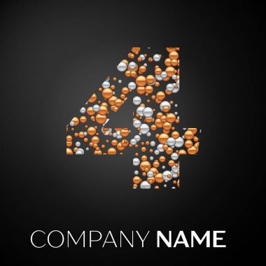 Sayı dört logosu altın-gümüş noktalar. Alfabe logo soyut altın-gümüş kabarcıklar şeklinde siyah arka plan üzerine. Tasarımınız için vektör şablonu