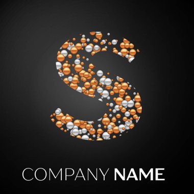 S harfi logosu altın-gümüş noktalar. Alfabe logo soyut altın-gümüş kabarcıklar şeklinde siyah arka plan üzerine. Tasarımınız için vektör şablonu