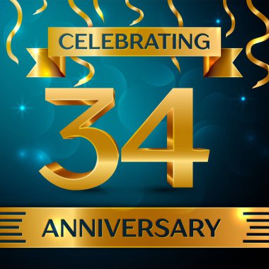 Gerçekçi otuz dört yıl yıldönümü kutlama tasarım. Altın konfeti ve mavi zemin üzerine altın şerit. Doğum günü partin için renkli vektör şablon öğeleri