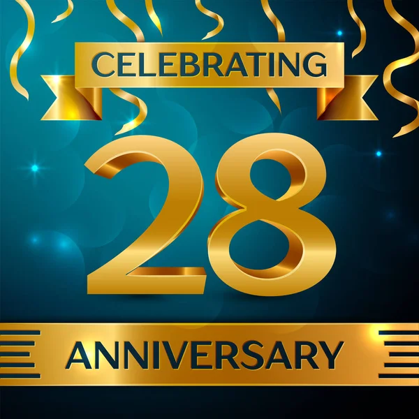 Gerçekçi yirmi sekiz yıl yıldönümü kutlama tasarım. Altın konfeti ve mavi zemin üzerine altın şerit. Doğum günü partin için renkli vektör şablon öğeleri