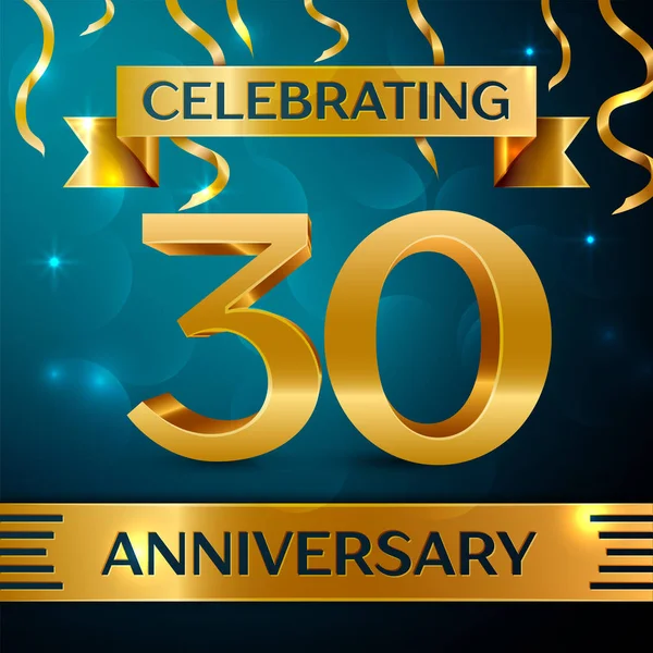 Gerçekçi otuz yıl yıldönümü kutlama tasarım. Altın konfeti ve mavi zemin üzerine altın şerit. Doğum günü partin için renkli vektör şablon öğeleri