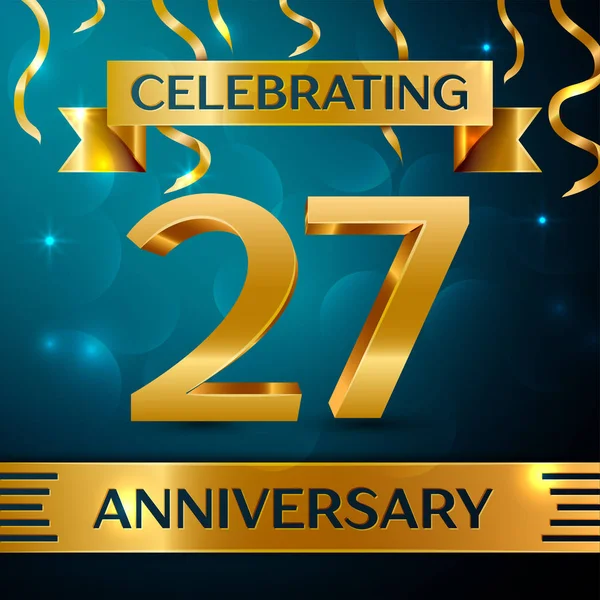 Gerçekçi yirmi yedi yıl yıldönümü kutlama tasarım. Altın konfeti ve mavi zemin üzerine altın şerit. Doğum günü partin için renkli vektör şablon öğeleri