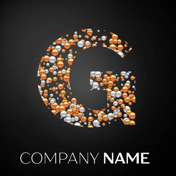 G harfi logosu altın-gümüş noktalar. Alfabe logo soyut altın-gümüş kabarcıklar şeklinde siyah arka plan üzerine. Tasarımınız için vektör şablonu