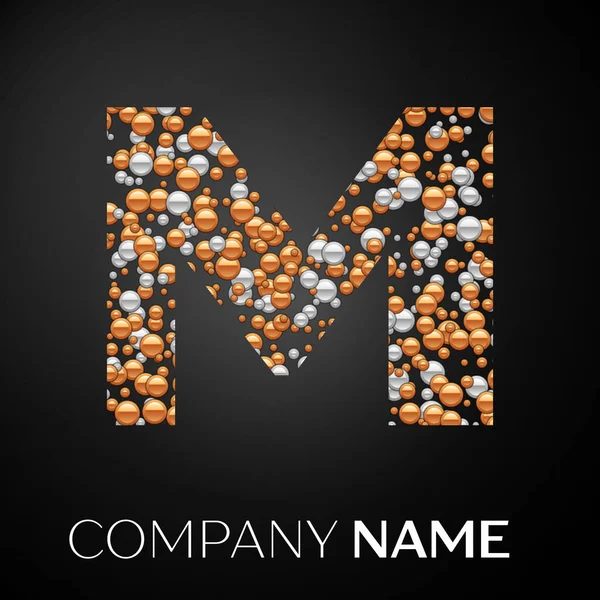 Harf M logosu altın-gümüş noktalar. Alfabe logo soyut altın-gümüş kabarcıklar şeklinde siyah arka plan üzerine. Tasarımınız için vektör şablonu