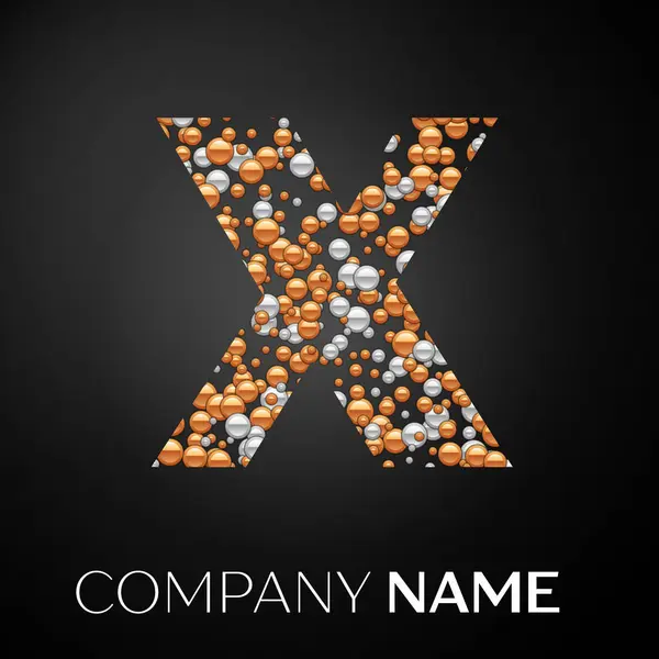Mektup X logosu altın-gümüş noktalar. Alfabe logo soyut altın-gümüş kabarcıklar şeklinde siyah arka plan üzerine. Tasarımınız için vektör şablonu