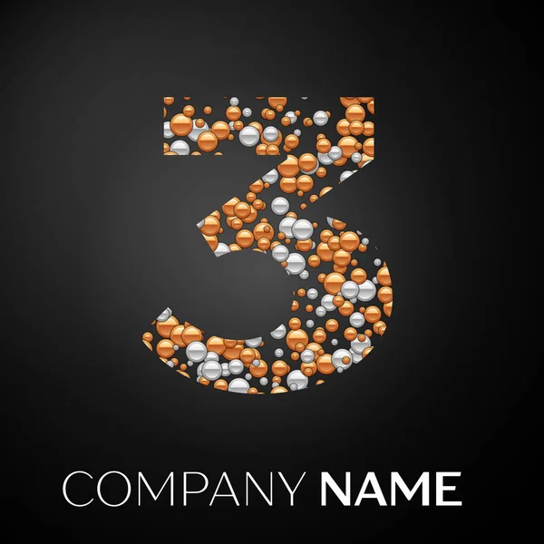 Numara üç logosu altın-gümüş nokta. Alfabe logo soyut altın-gümüş kabarcıklar şeklinde siyah arka plan üzerine. Tasarımınız için vektör şablonu