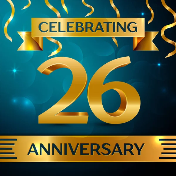 Gerçekçi yirmi altı yıl yıldönümü kutlama tasarım. Altın konfeti ve mavi zemin üzerine altın şerit. Doğum günü partin için renkli vektör şablon öğeleri