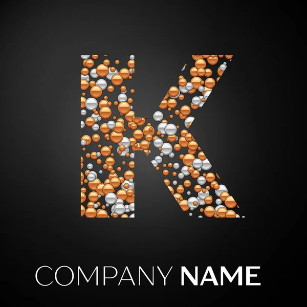 K harfi logosu altın-gümüş noktalar. Alfabe logo soyut altın-gümüş kabarcıklar şeklinde siyah arka plan üzerine. Tasarımınız için vektör şablonu