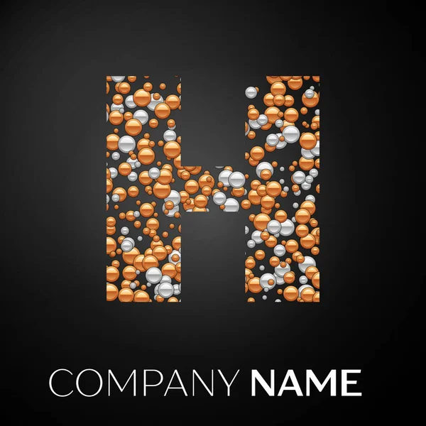 H harfi logosu altın-gümüş noktalar. Alfabe logo soyut altın-gümüş kabarcıklar şeklinde siyah arka plan üzerine. Tasarımınız için vektör şablonu
