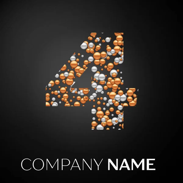 Sayı dört logosu altın-gümüş noktalar. Alfabe logo soyut altın-gümüş kabarcıklar şeklinde siyah arka plan üzerine. Tasarımınız için vektör şablonu