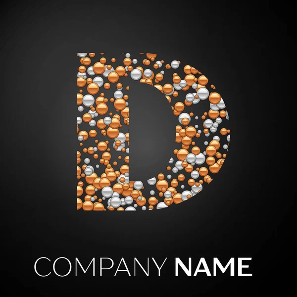 Логотип буквы D золотисто-серебряные точки. Логотип алфавита с абстрактной золотисто-серебряной формой пузырей на чёрном фоне. Векторный шаблон для Вашего дизайна — стоковый вектор
