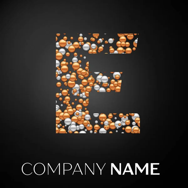 E harfinin logosu altın-gümüş noktalar. Alfabe logo soyut altın-gümüş kabarcıklar şeklinde siyah arka plan üzerine. Tasarımınız için vektör şablonu
