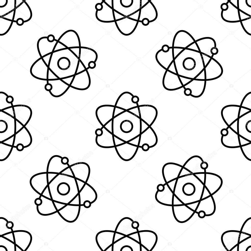 Atom line icon seamless pattern on white background. Symbol of science, education, nuclear physics, scientific research. Electrons and protonssign. Flat design. Vector Illustration