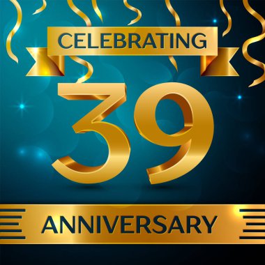 Gerçekçi otuz dokuz yıl yıldönümü kutlama tasarım. Altın konfeti ve mavi zemin üzerine altın şerit. Doğum günü partin için renkli vektör şablon öğeleri