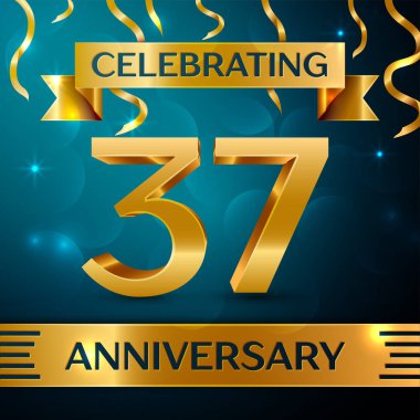 Gerçekçi otuz yedi yıl yıldönümü kutlama tasarım. Altın konfeti ve mavi zemin üzerine altın şerit. Doğum günü partin için renkli vektör şablon öğeleri