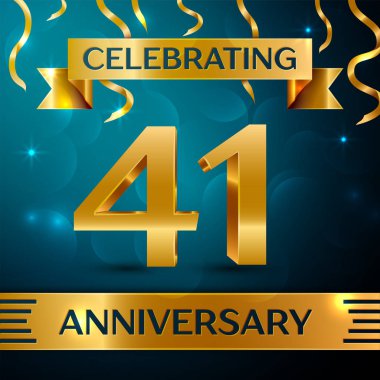 Gerçekçi kırk bir yıl yıldönümü kutlama tasarım. Altın konfeti ve mavi zemin üzerine altın şerit. Doğum günü partin için renkli vektör şablon öğeleri