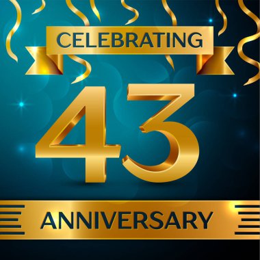 Gerçekçi kırk üç yıl yıldönümü kutlama tasarım. Altın konfeti ve mavi zemin üzerine altın şerit. Doğum günü partin için renkli vektör şablon öğeleri