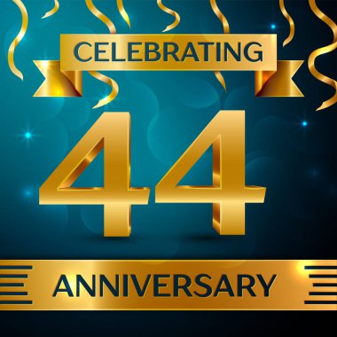 Gerçekçi kırk dört yıl yıldönümü kutlama tasarım. Altın konfeti ve mavi zemin üzerine altın şerit. Doğum günü partin için renkli vektör şablon öğeleri