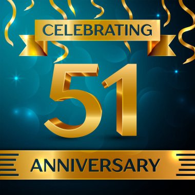 Gerçekçi elli bir yıl yıldönümü kutlama tasarım. Altın konfeti ve mavi zemin üzerine altın şerit. Doğum günü partin için renkli vektör şablon öğeleri