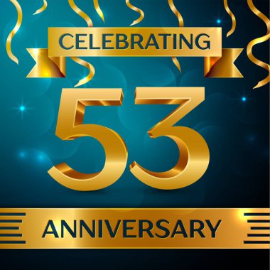 Gerçekçi elli üç yıl yıldönümü kutlama tasarım. Altın konfeti ve mavi zemin üzerine altın şerit. Doğum günü partin için renkli vektör şablon öğeleri