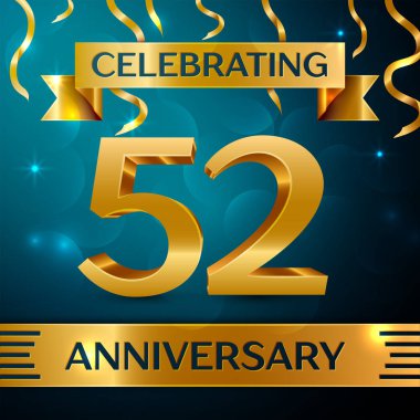 Gerçekçi elli iki yıl yıldönümü kutlama tasarım. Altın konfeti ve mavi zemin üzerine altın şerit. Doğum günü partin için renkli vektör şablon öğeleri