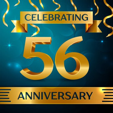 Gerçekçi elli altı yıl yıldönümü kutlama tasarım. Altın konfeti ve mavi zemin üzerine altın şerit. Doğum günü partin için renkli vektör şablon öğeleri