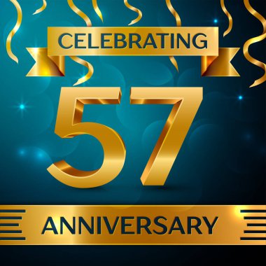 Gerçekçi elli yedi yıl yıldönümü kutlama tasarım. Altın konfeti ve mavi zemin üzerine altın şerit. Doğum günü partin için renkli vektör şablon öğeleri