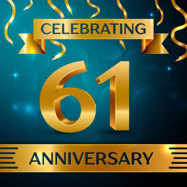 Gerçekçi altmış bir yıl yıldönümü kutlama tasarım. Altın konfeti ve mavi zemin üzerine altın şerit. Doğum günü partin için renkli vektör şablon öğeleri