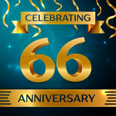 Gerçekçi altmış altı yıl yıldönümü kutlama tasarım. Altın konfeti ve mavi zemin üzerine altın şerit. Doğum günü partin için renkli vektör şablon öğeleri