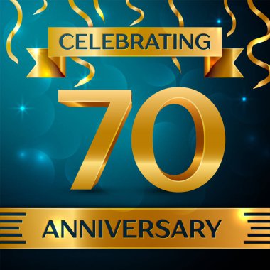 Gerçekçi yetmiş yıl yıldönümü kutlama tasarım. Altın konfeti ve mavi zemin üzerine altın şerit. Doğum günü partin için renkli vektör şablon öğeleri