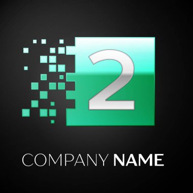 Gümüş iki numara logo simge yeşil renkli kare siyah arka plan üzerine parçalanmış bloklarla. Tasarımınız için vektör şablonu