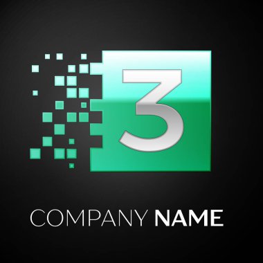 Gümüş üç numara logo simge yeşil renkli kare siyah arka plan üzerine parçalanmış bloklarla. Tasarımınız için vektör şablonu