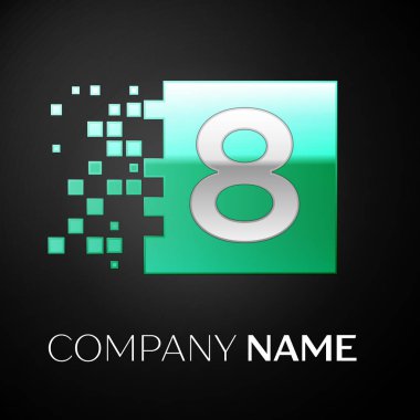 Gümüş sekiz numara logo simge yeşil renkli kare siyah arka plan üzerine parçalanmış bloklarla. Tasarımınız için vektör şablonu