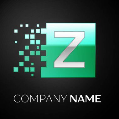 Yeşil renkli kare siyah arka plan üzerine parçalanmış bloklarla gümüş harf Z logo simge. Tasarımınız için vektör şablonu