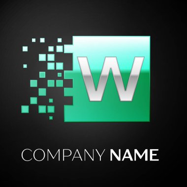 Gümüş harf W logo simge yeşil renkli kare siyah arka plan üzerine parçalanmış bloklarla. Tasarımınız için vektör şablonu