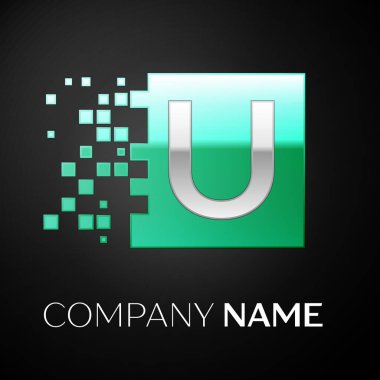Yeşil renkli kare siyah arka plan üzerine parçalanmış bloklarla gümüş harf U logo simge. Tasarımınız için vektör şablonu
