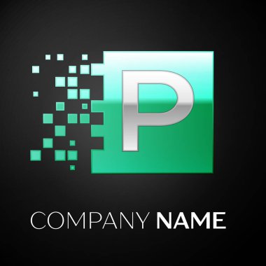 Yeşil renkli kare siyah arka plan üzerine parçalanmış bloklarla gümüş harf P logo simge. Tasarımınız için vektör şablonu