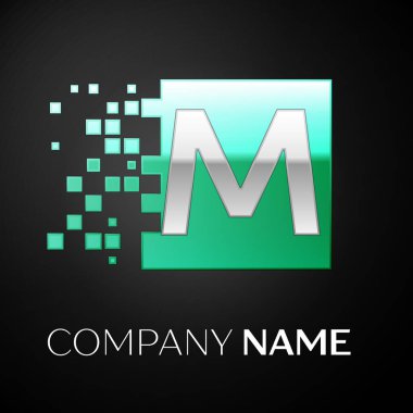 Yeşil renkli kare siyah arka plan üzerine parçalanmış bloklarla gümüş harf M logo simge. Tasarımınız için vektör şablonu