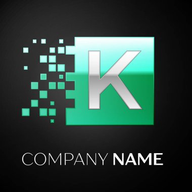 Yeşil renkli kare siyah arka plan üzerine parçalanmış bloklarla gümüş harf K logo simge. Tasarımınız için vektör şablonu