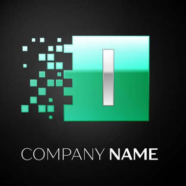 Gümüş harf ı logo simge yeşil renkli kare siyah arka plan üzerine parçalanmış bloklarla. Tasarımınız için vektör şablonu