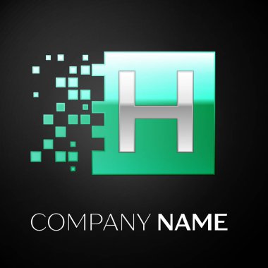Yeşil renkli kare siyah arka plan üzerine parçalanmış bloklarla gümüş H harfi logo simge. Tasarımınız için vektör şablonu