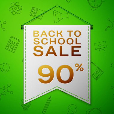 Gerçekçi gri flama yazıt için okul satış % 90'ı indirimler sırtında yeşil arka plan ile. Okul elemanları ile Seamless modeli. Satılık konsept mağaza mağaza için. Vektör çizim