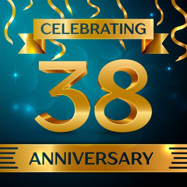 Gerçekçi otuz sekiz yıl yıldönümü kutlama tasarım. Altın konfeti ve mavi zemin üzerine altın şerit. Doğum günü partin için renkli vektör şablon öğeleri