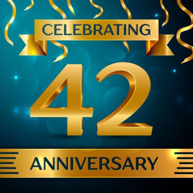 Gerçekçi kırk iki yıl yıldönümü kutlama tasarım. Altın konfeti ve mavi zemin üzerine altın şerit. Doğum günü partin için renkli vektör şablon öğeleri