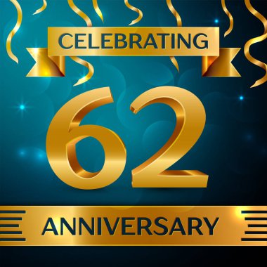 Gerçekçi altmış iki yıl yıldönümü kutlama tasarım. Altın konfeti ve mavi zemin üzerine altın şerit. Doğum günü partin için renkli vektör şablon öğeleri