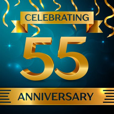 Gerçekçi elli beş yıl yıldönümü kutlama tasarım. Altın konfeti ve mavi zemin üzerine altın şerit. Doğum günü partin için renkli vektör şablon öğeleri