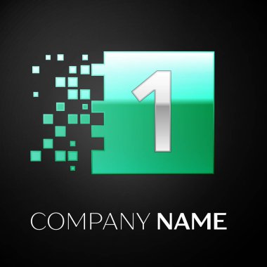 Yeşil renkli kare siyah arka plan üzerine parçalanmış bloklarla gümüş bir logo simge. Tasarımınız için vektör şablonu